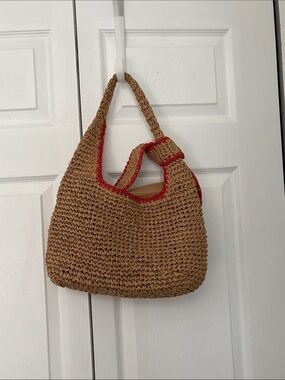 Urban Expressions Woven Straw Shoulder Bag with Red Trim